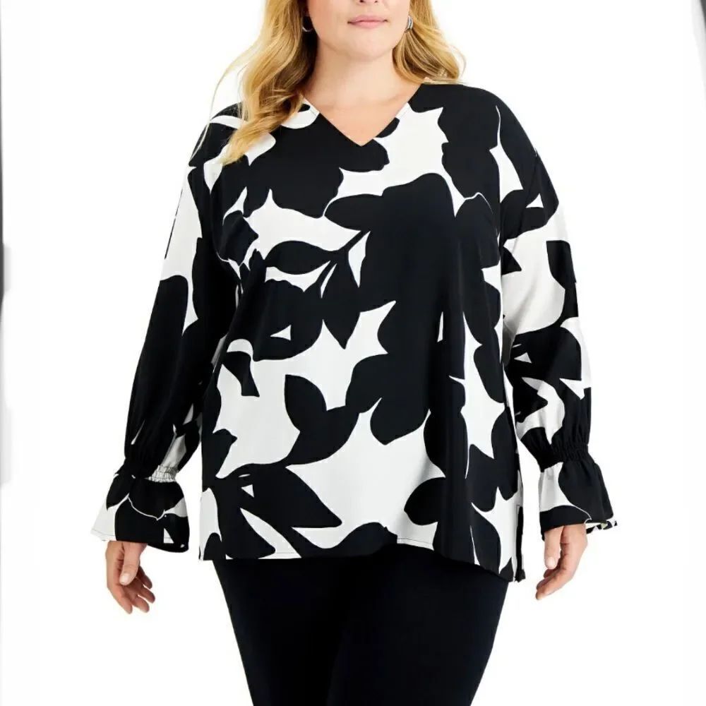 NWT ALFANI 3X Plus Printed Smocked Cuffed Tunic Black white floral Print Blouse